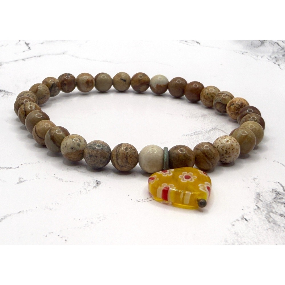 Natural Stone Jasper Beaded Stretch Bracelet Glass Heart Charm Boho 7.75"